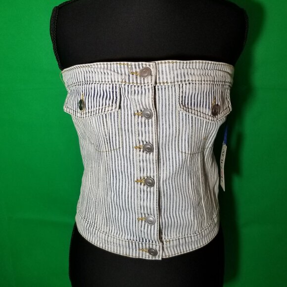 New Love Denim Stipe Tube Top Women Large Western Rodeo Cowgirl Stagecoach NWT - Picture 1 of 8